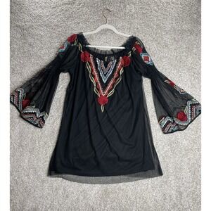 Vintage Collection Top Womens Large Tunic Black Bohemian Hippie Embroidered